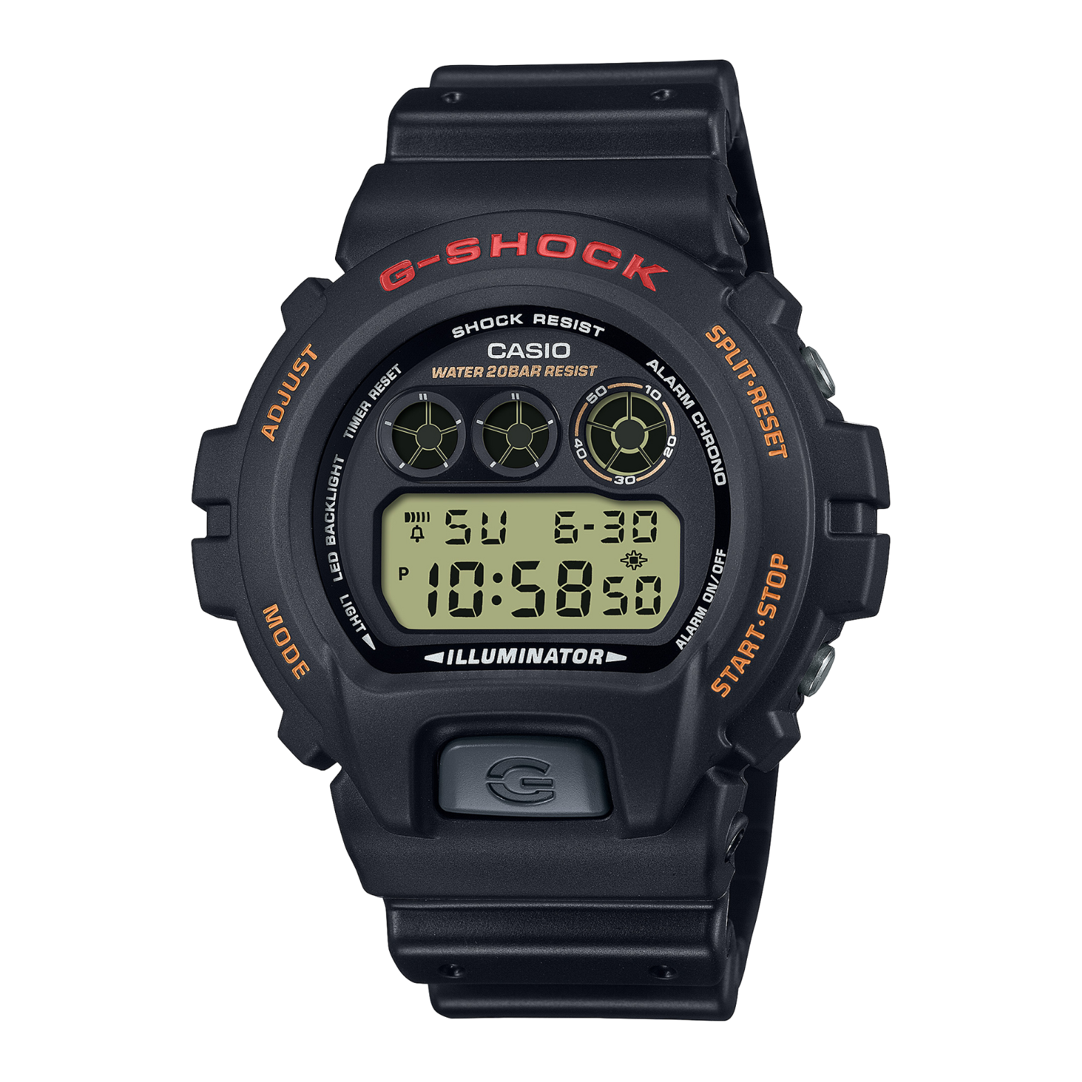 A black CASIO G-SHOCK DW-6900 digital watch with a black band, digital display, and red accents.