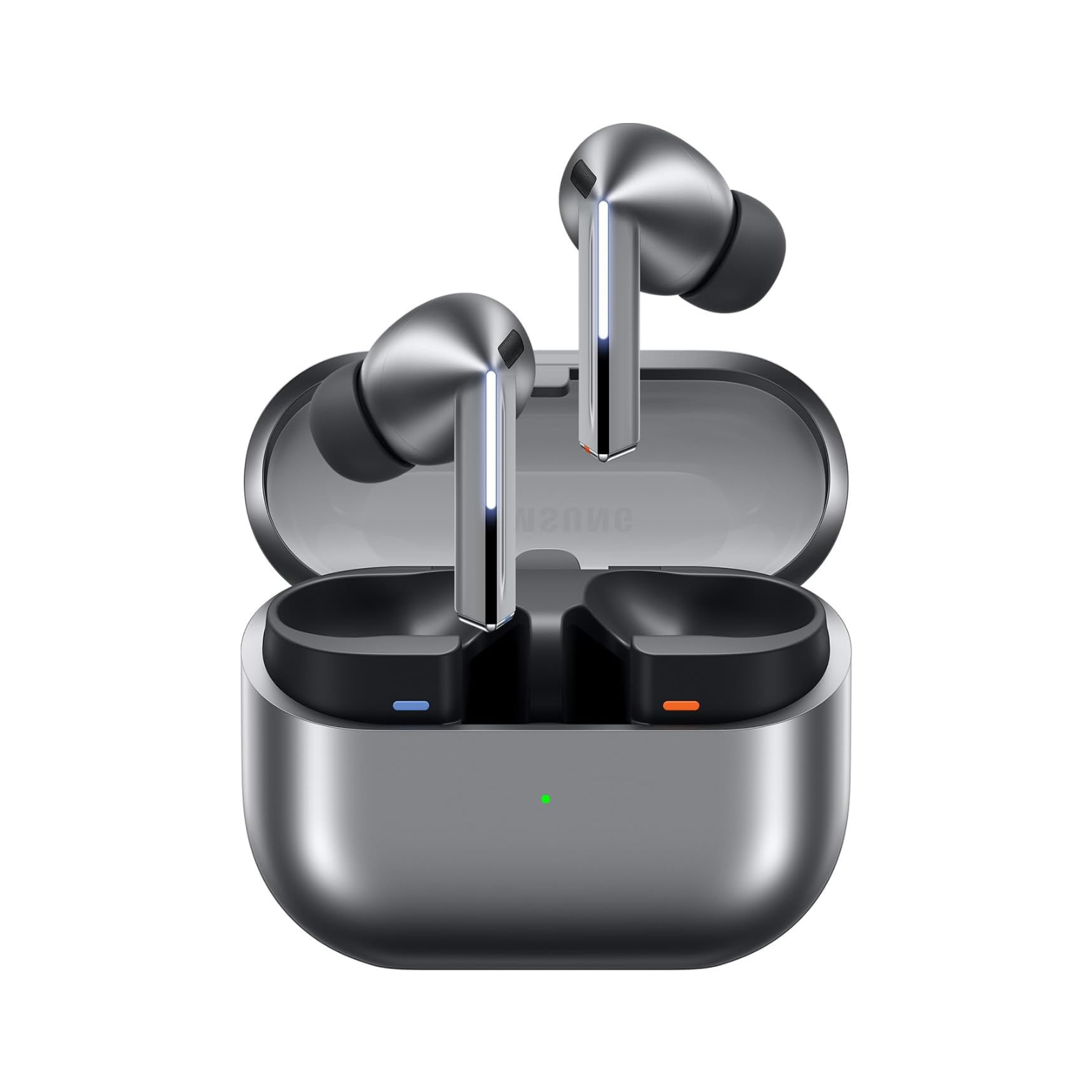 Wireless earbuds with charging case on a white background