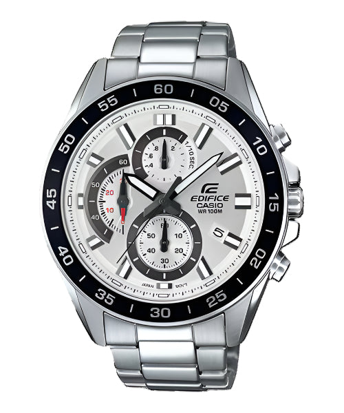 A Casio Edifice EFV-550D-7AVUDF watch with a stainless steel band and a silver analog dial with multiple subdials and a digital display.
