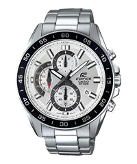 A Casio Edifice EFV-550D-7AVUDF watch with a stainless steel band and a silver analog dial with multiple subdials and a digital display.