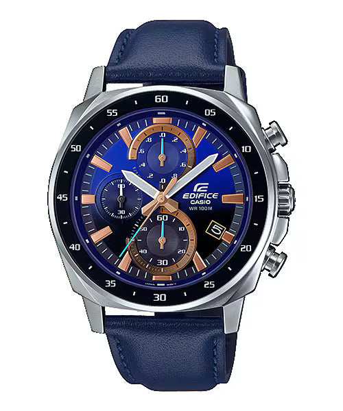 A CASIO EDIFICE EFV-600L-2AVUDF watch with a blue leather band and a blue analog dial featuring a stopwatch and date display.