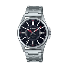 Casio watch with silver metal strap and black dial on a white background