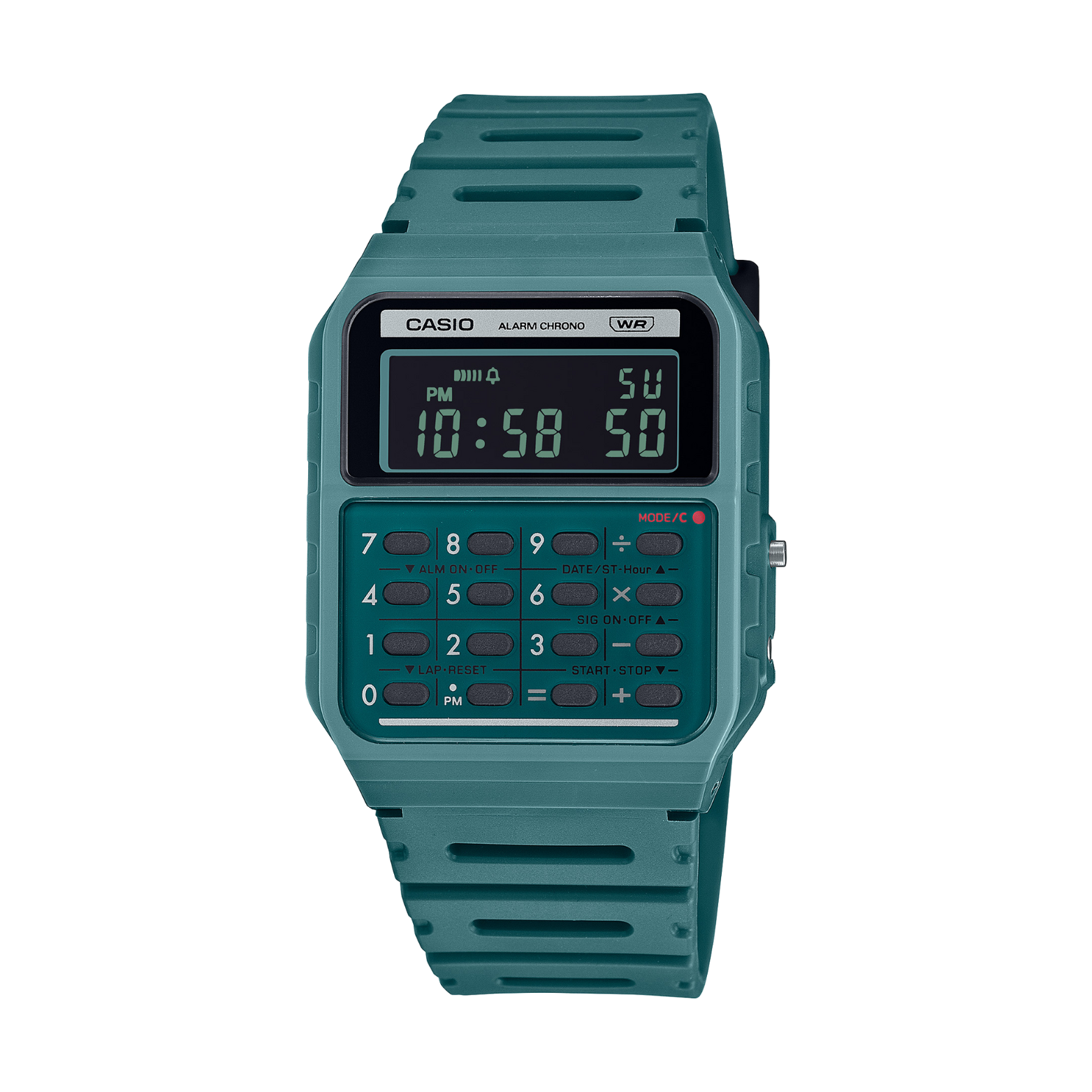 Teal Casio digital watch on a white background