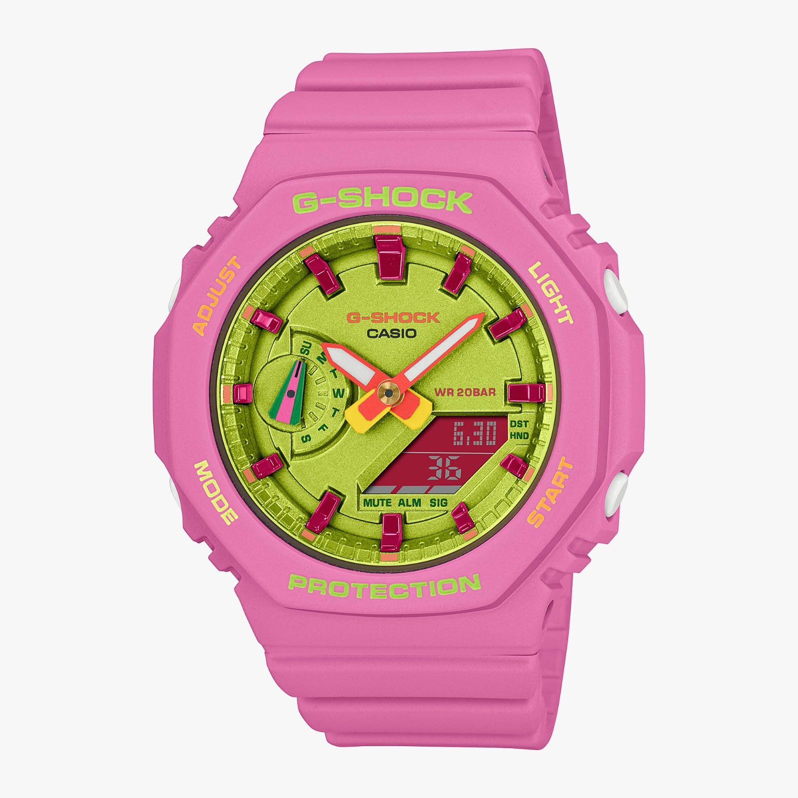 Pink Casio G-Shock watch with a green face on a white background