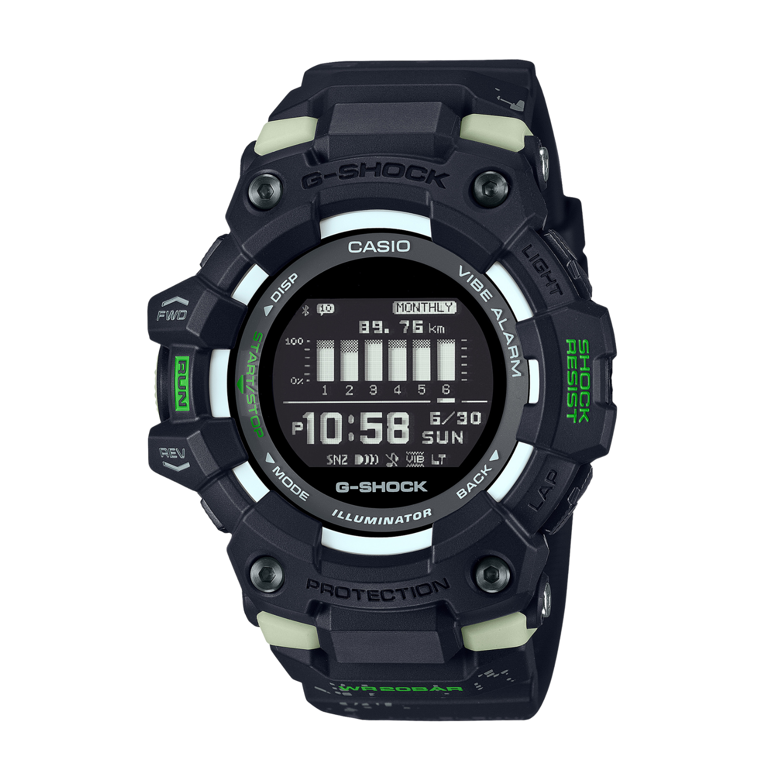 A digital CASIO G-SHOCK watch with a black band and case, featuring a black dial with green accents and a digital display.