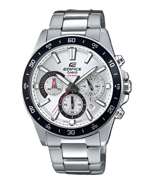 A Casio Edifice EFV-570D-7AVUDF watch with a stainless steel band and a silver analog dial with multiple subdials and a digital display.