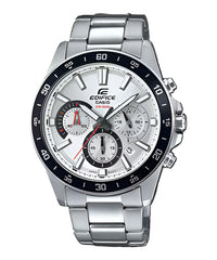 A Casio Edifice EFV-570D-7AVUDF watch with a stainless steel band and a silver analog dial with multiple subdials and a digital display.