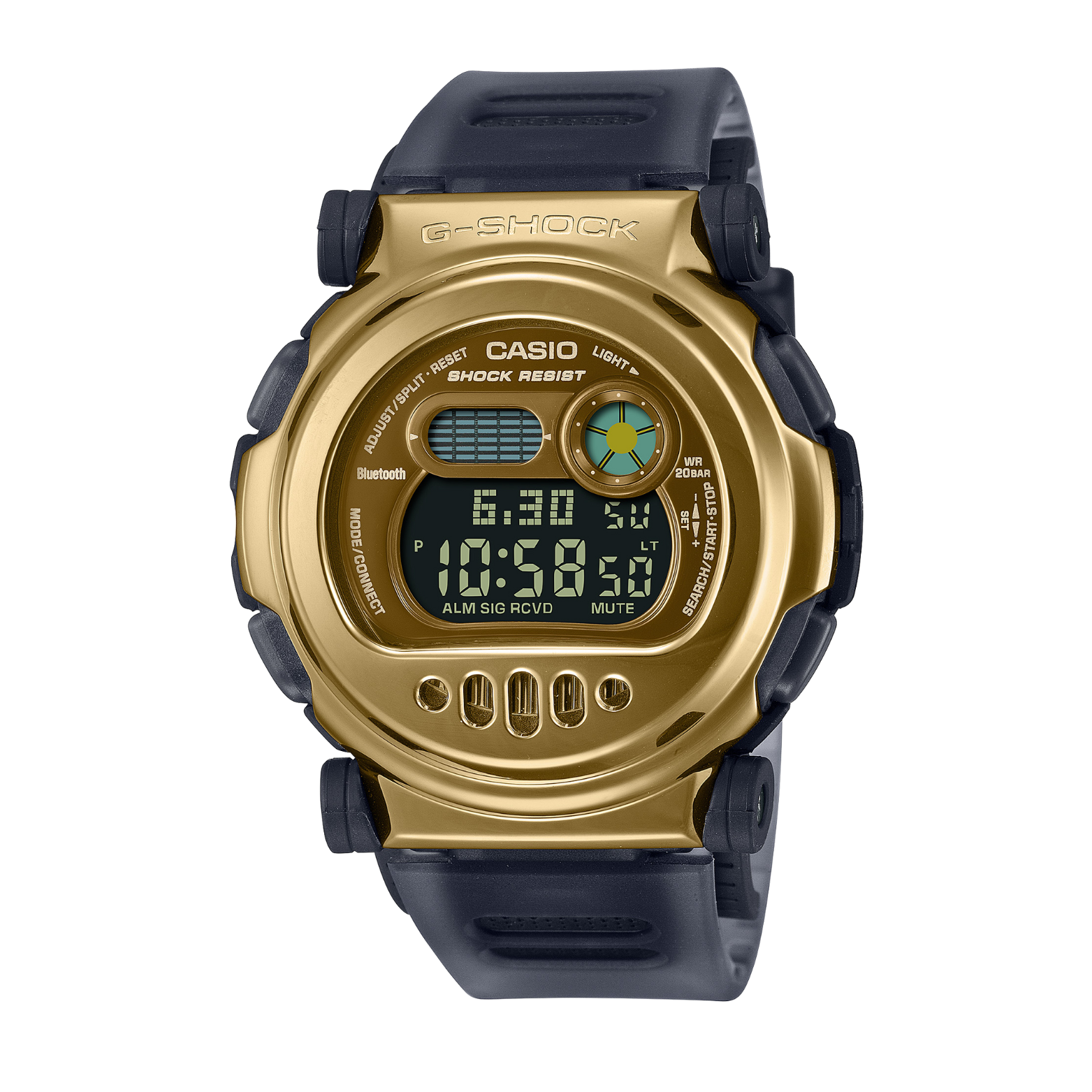 A digital CASIO G-SHOCK watch with a gold ion plated bezel and a black resin band, displaying time and various watch features on its screen.