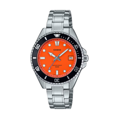 A Casio watch with a silver stainless steel band and an orange dial, featuring a black bezel and a date display.