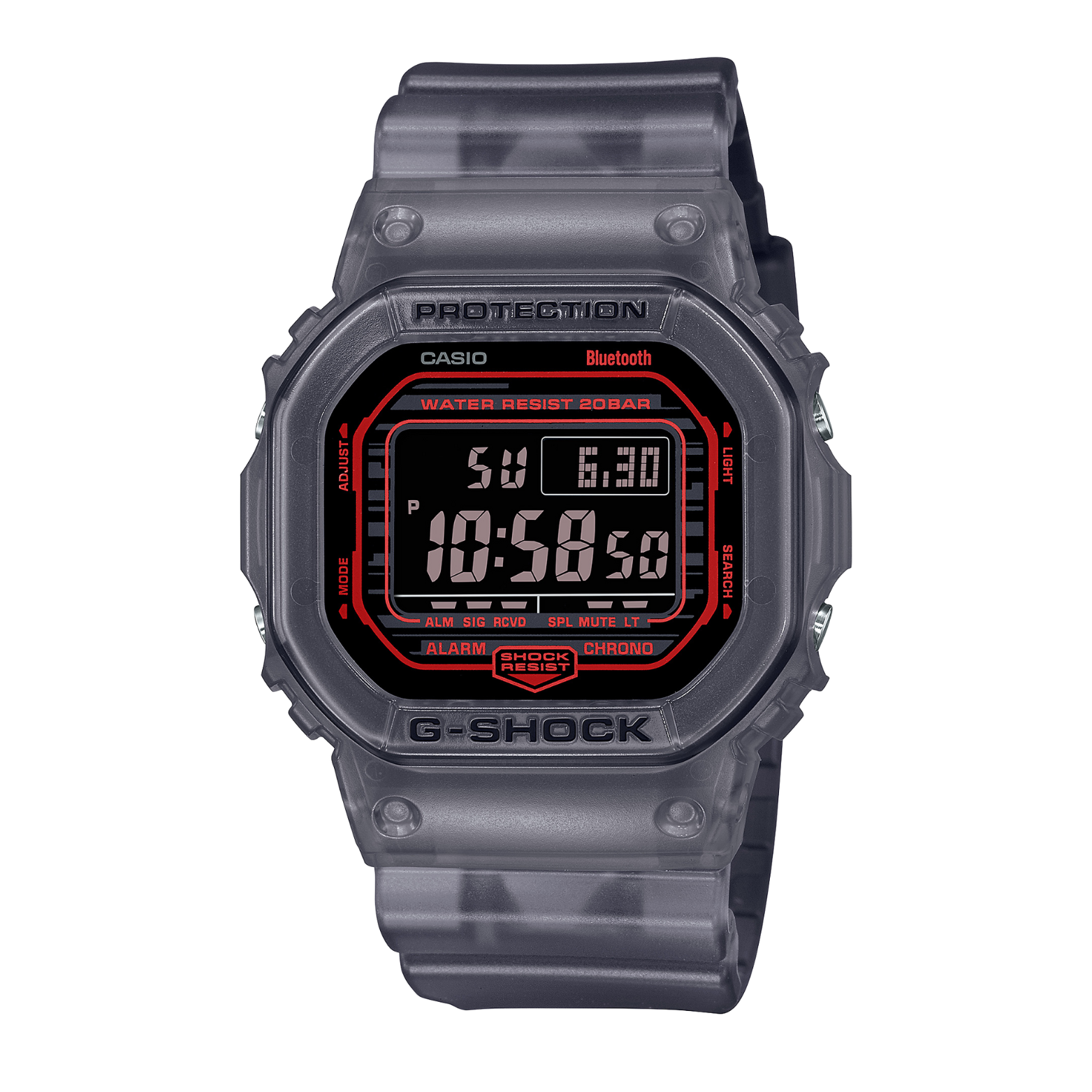 A digital CASIO G-SHOCK watch with a black resin band and case, featuring a digital display showing time and various watch features, housed in a transparent case.