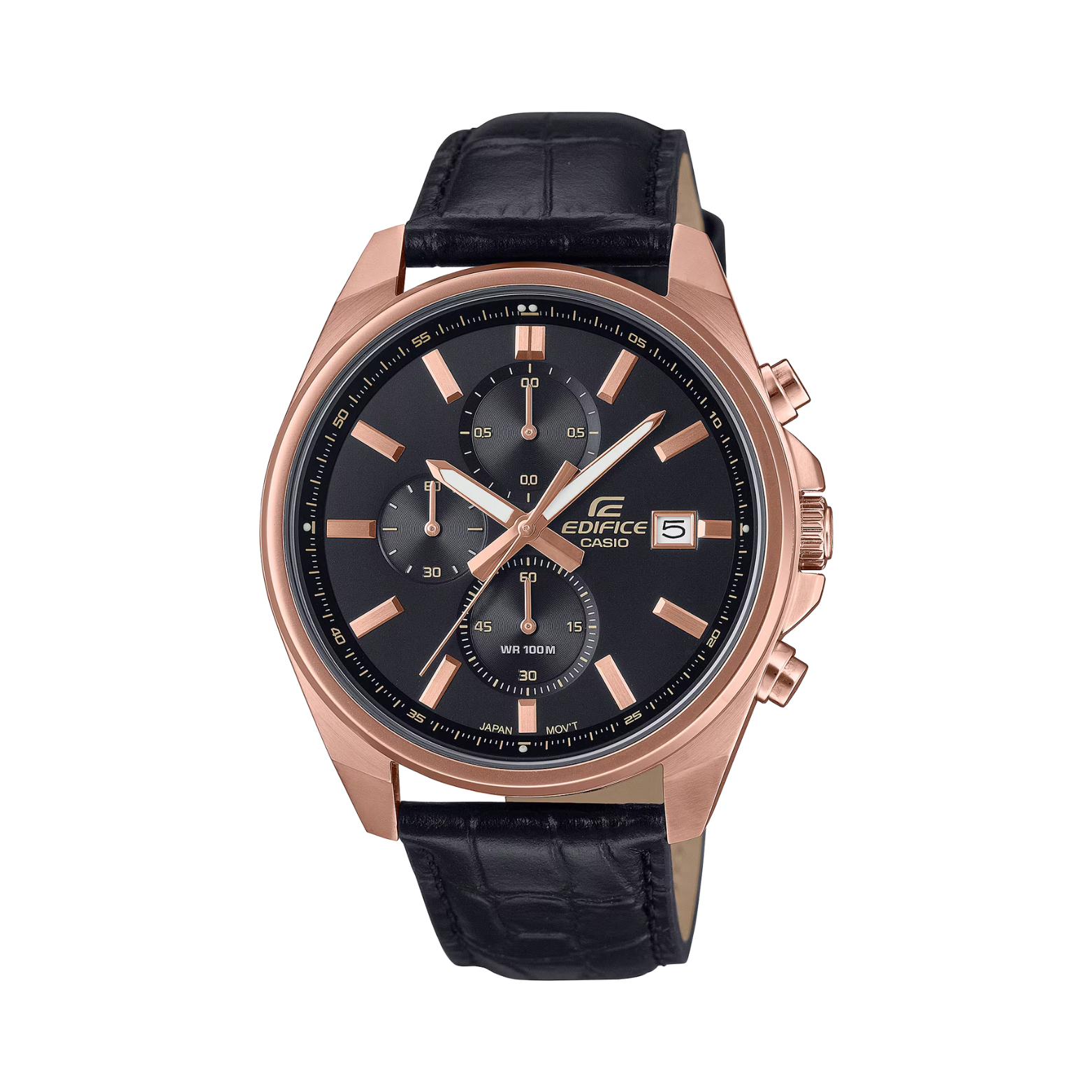 Casio Edifice watch with black leather strap and rose gold casing on a white background