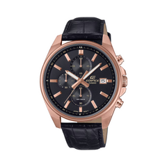 Casio Edifice watch with black leather strap and rose gold casing on a white background