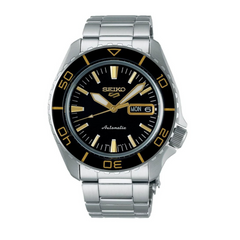 A Seiko 5 Sports automatic watch with a black dial, silver stainless steel bracelet, and gold accents.