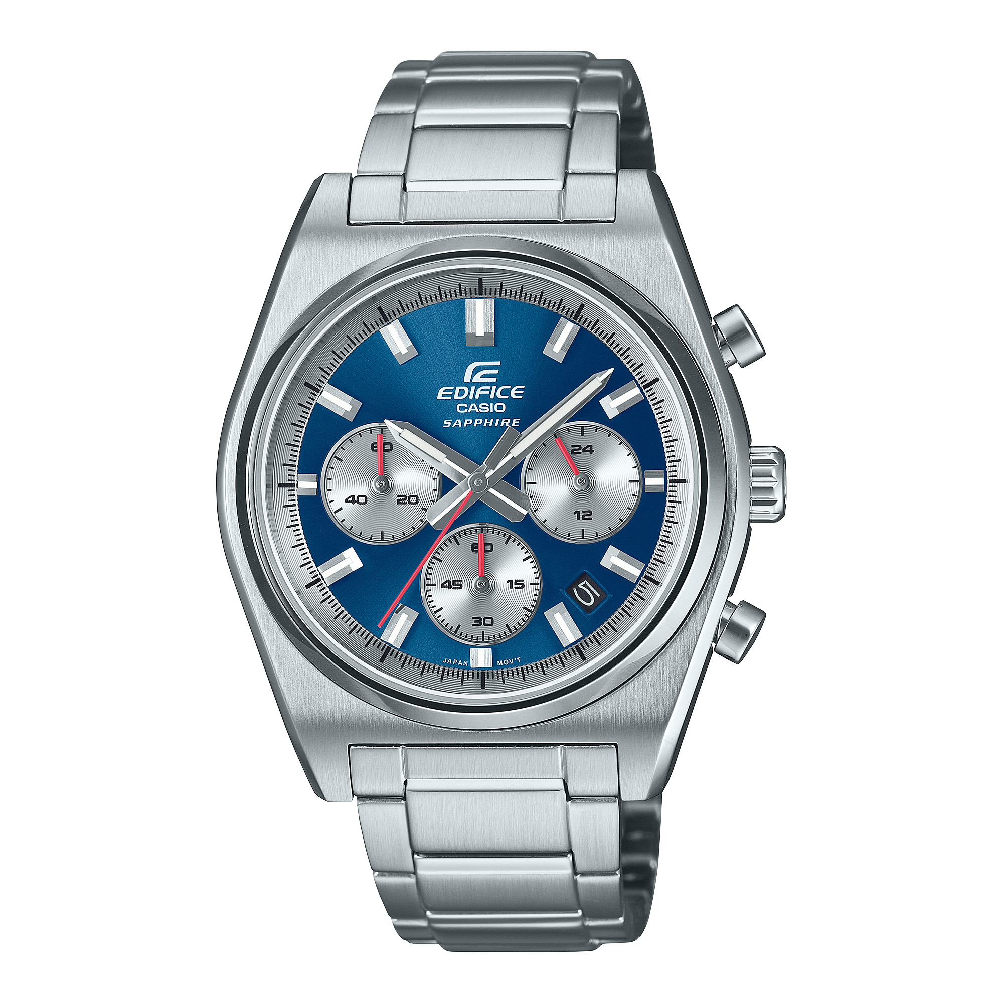 A Casio Edifice EFB-730D-2AVUDF watch with a stainless steel band and a blue dial featuring multiple sub-dials and a date display.