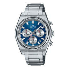 A Casio Edifice EFB-730D-2AVUDF watch with a stainless steel band and a blue dial featuring multiple sub-dials and a date display.