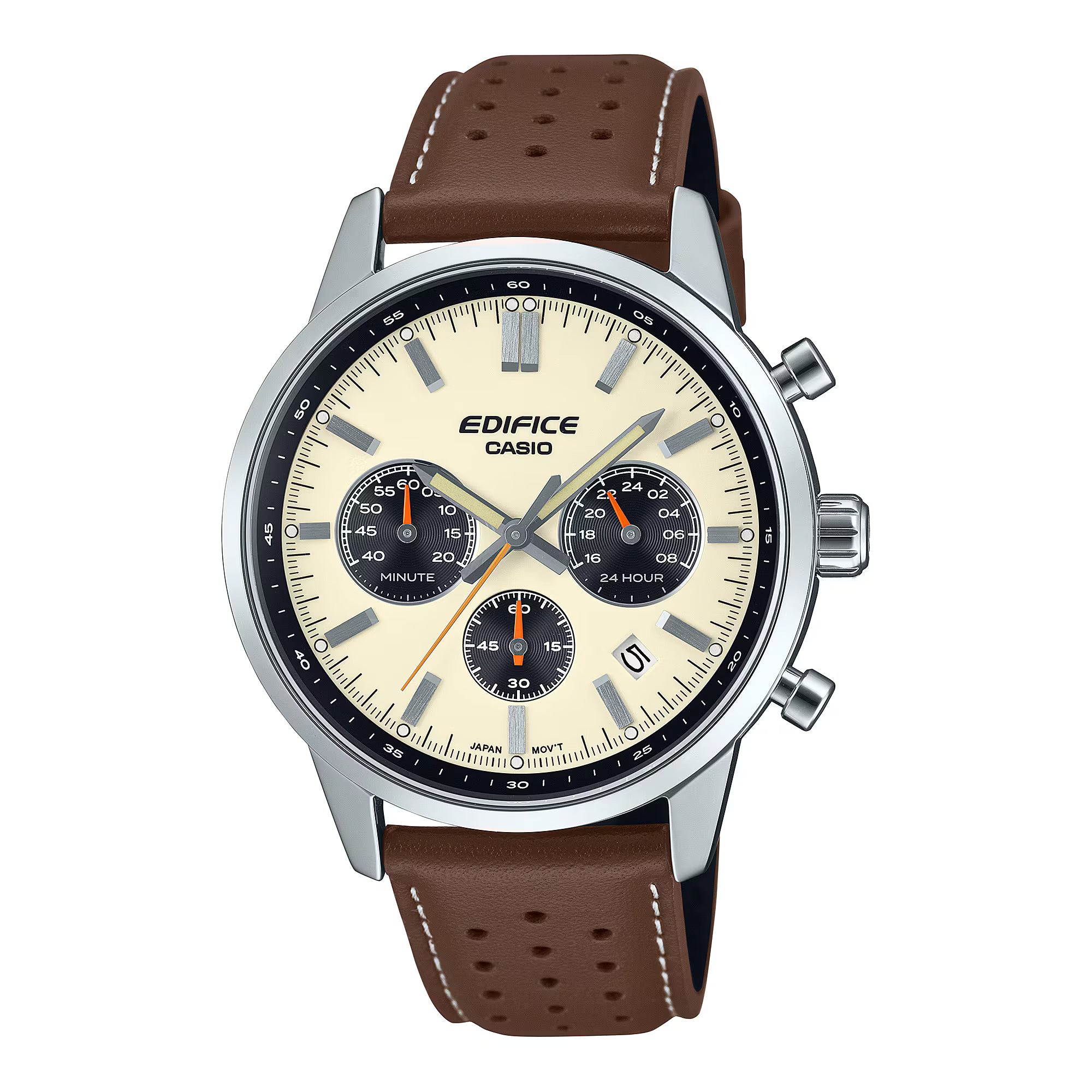 Casio Edifice EFR-575L-7ADF Men’s Chronograph Watch – White Dial, Brown Leather Strap, Quartz Analog with Date, Stainless Steel Case – Premium Business & Everyday Style - THE HAPPY BUY