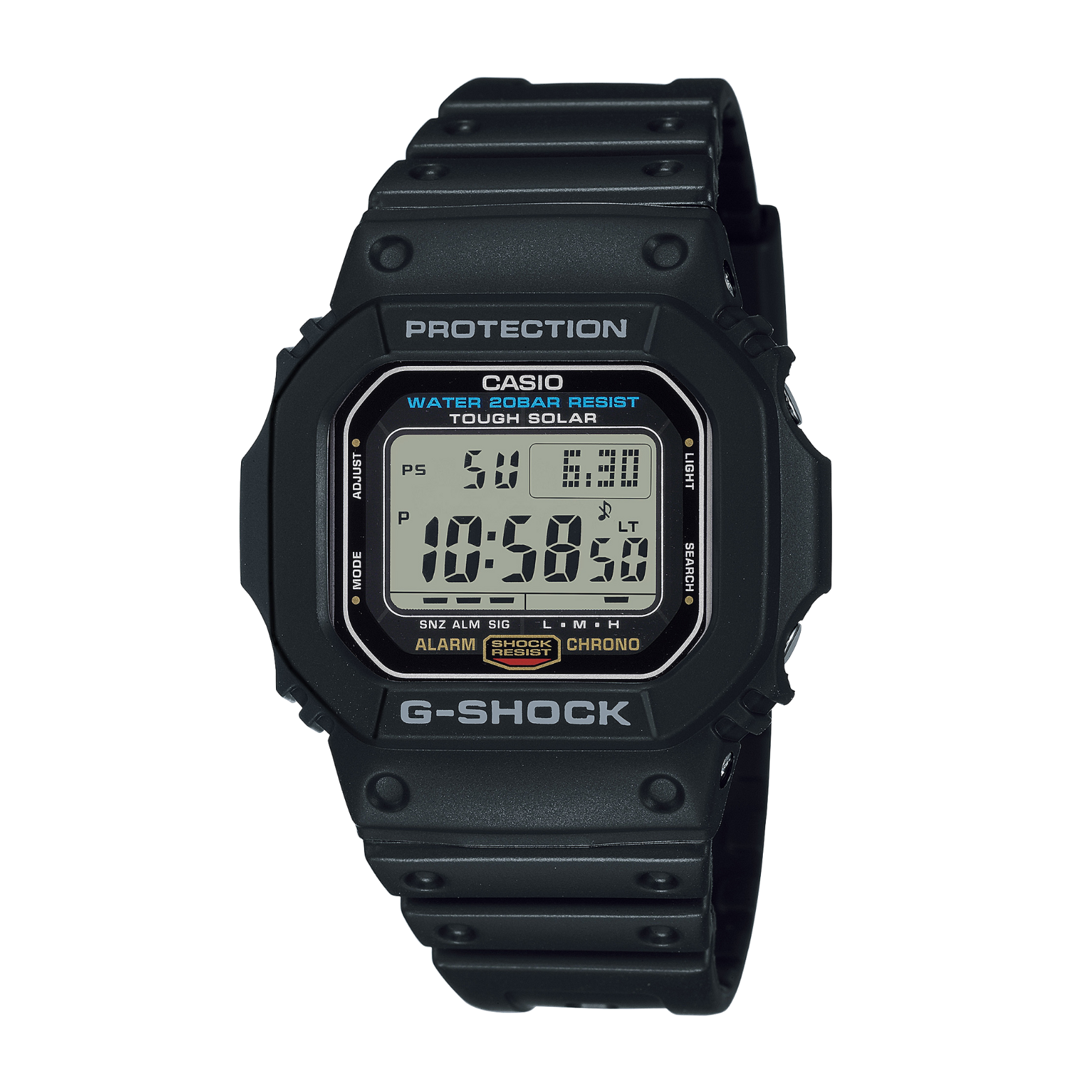 A black CASIO G-SHOCK watch with a digital display, showing time, date, and various watch features.