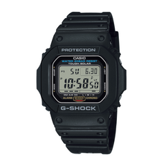 A black CASIO G-SHOCK watch with a digital display, showing time, date, and various watch features.