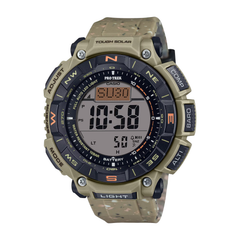 Casio Pro Trek digital watch with camouflage band on a white background