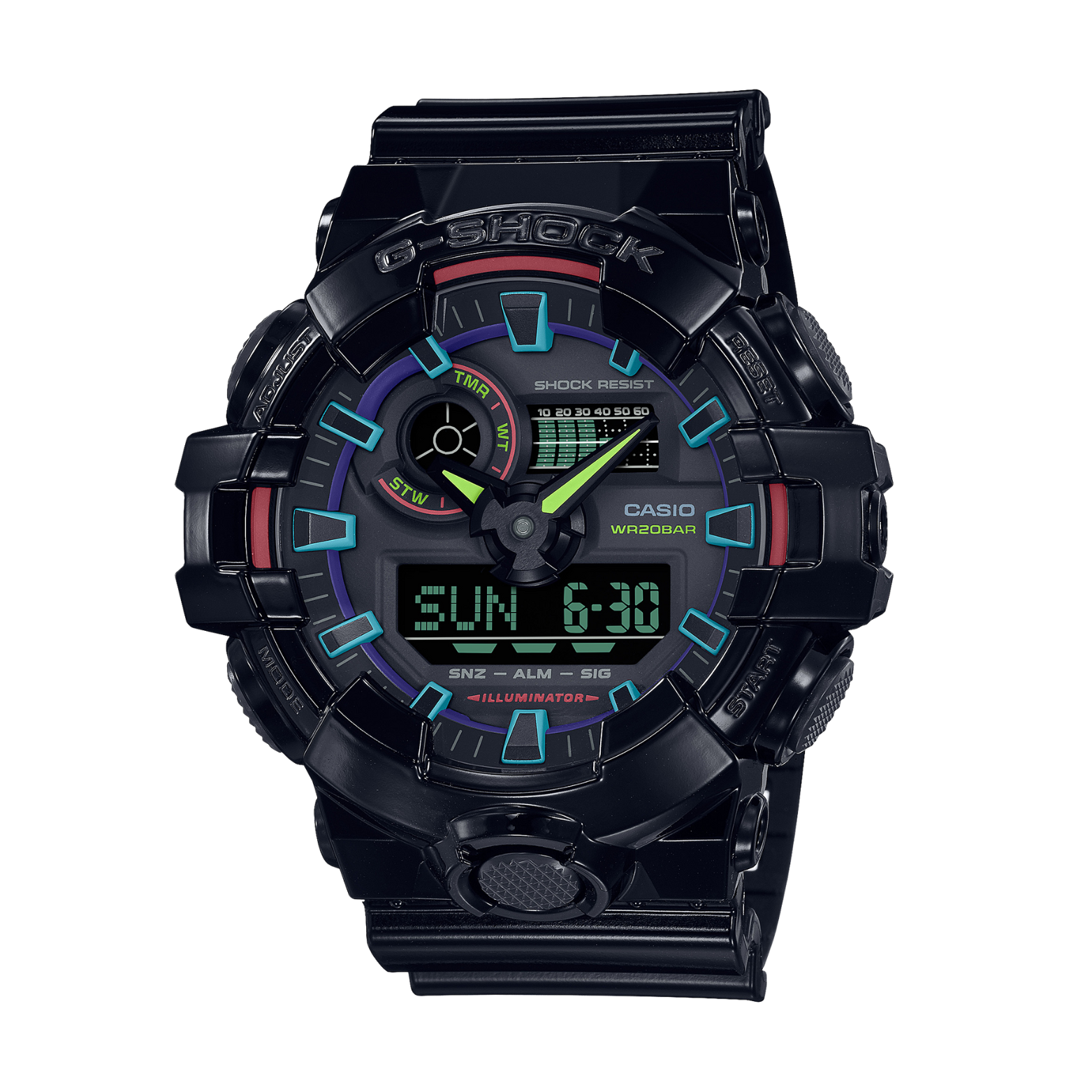 A black CASIO G-SHOCK watch with a digital display, featuring blue and red accents on the watch face and a resin band.