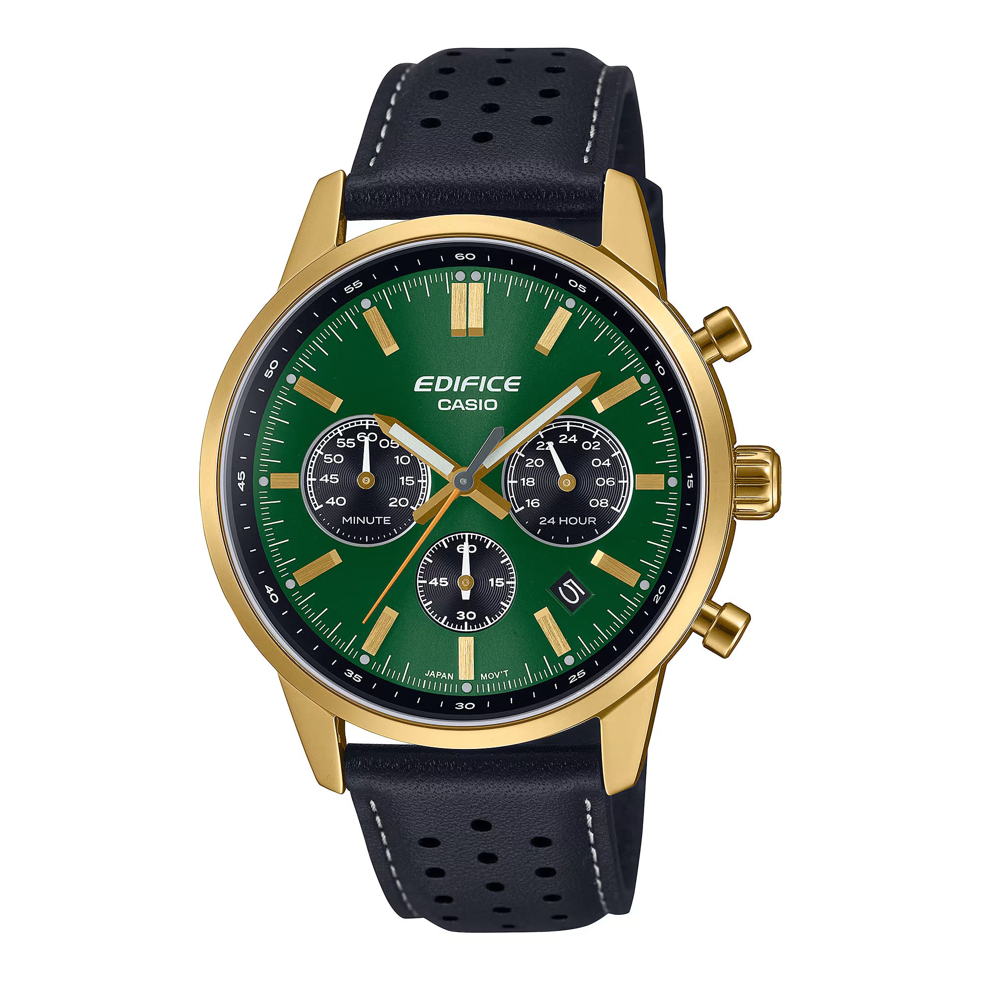 Casio Edifice EFR-575CL-3ADF Men’s Chronograph Watch – Green Dial, Brown Leather Strap, Quartz Analog with Date, Stainless Steel Case – Premium Everyday & Business Style - THE HAPPY BUY