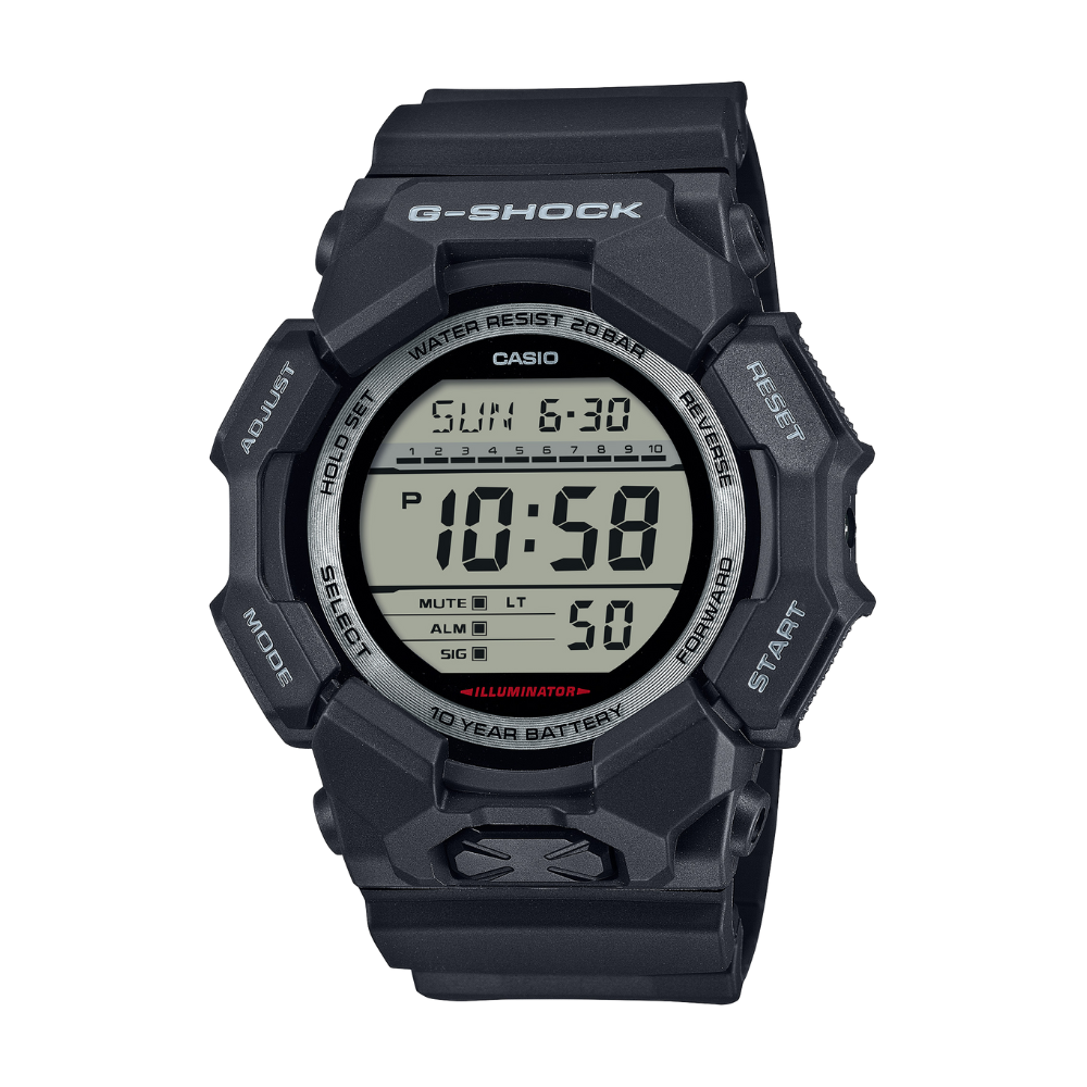 Black Casio G-Shock digital watch on a white background