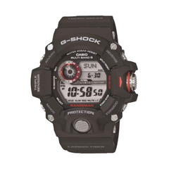 A black CASIO G-SHOCK GW-9400-1DR watch with a digital display, multi-band capability, and resin band construction.