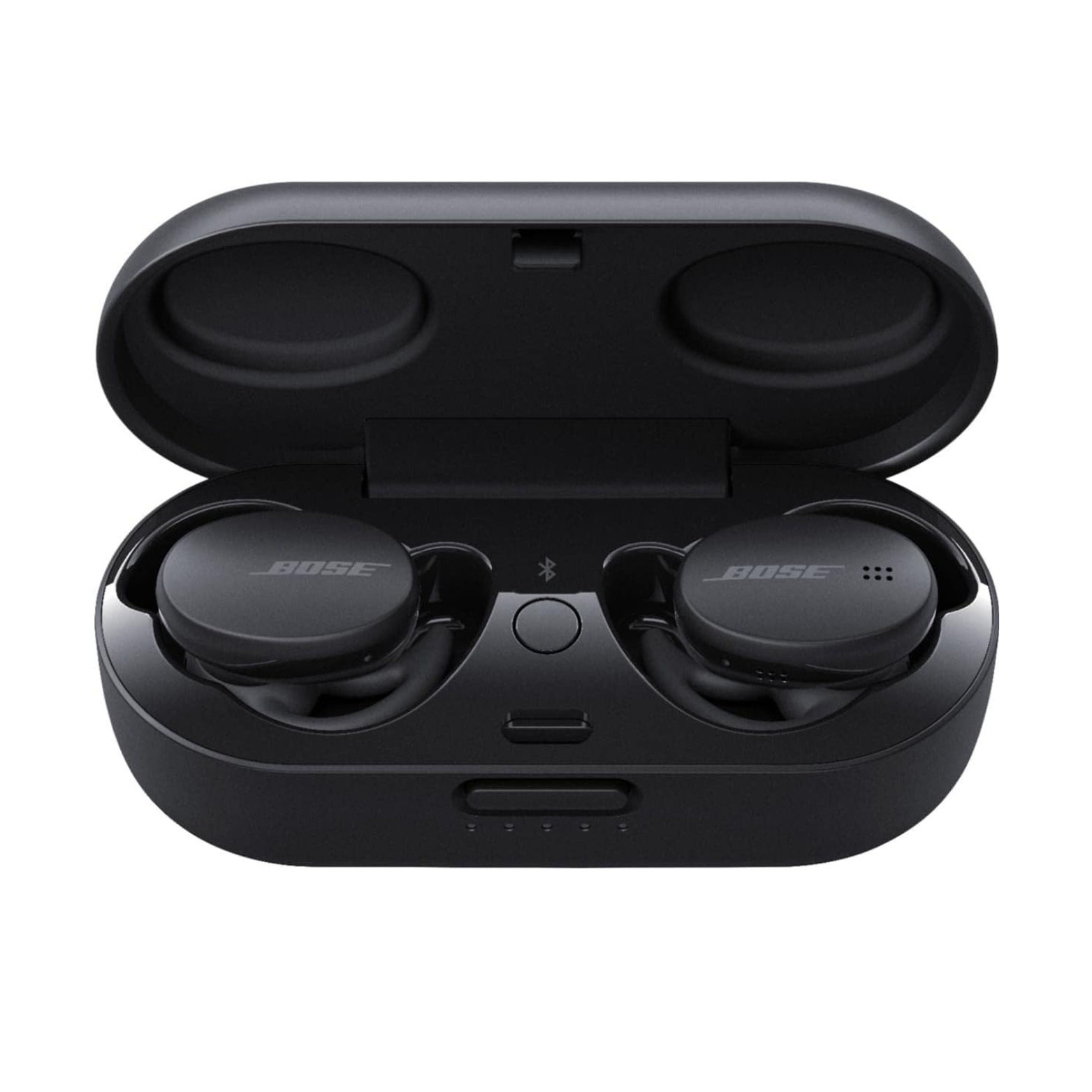 Bose wireless earbuds in a black charging case on a white background