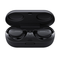 Bose wireless earbuds in a black charging case on a white background
