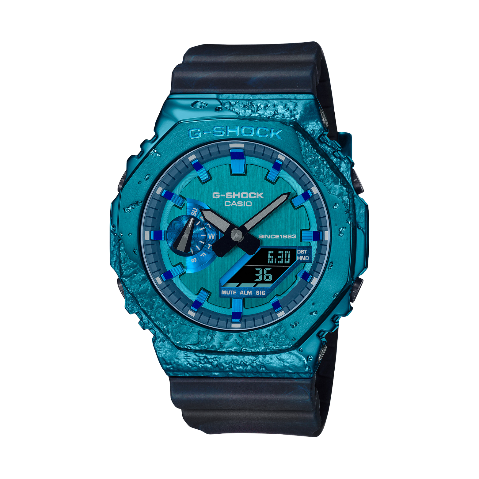 A Casio G-Shock watch with a blue ion plated bezel, digital display, and a black resin band.