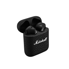 Black Marshall wireless earbuds in charging case on a white background