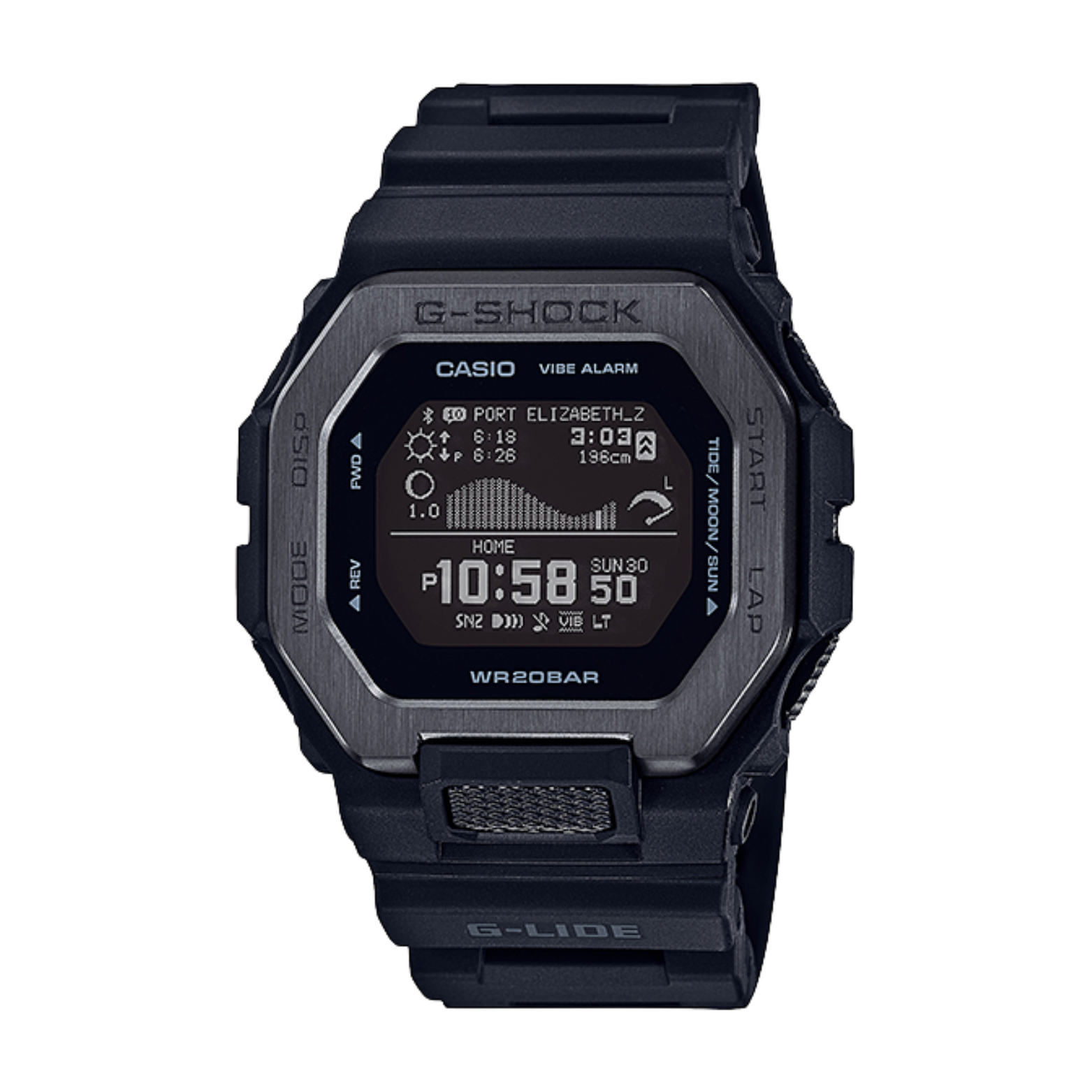 A black CASIO G-SHOCK watch with a digital display, showing time, date, and various smart features.