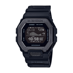 A black CASIO G-SHOCK watch with a digital display, showing time, date, and various smart features.