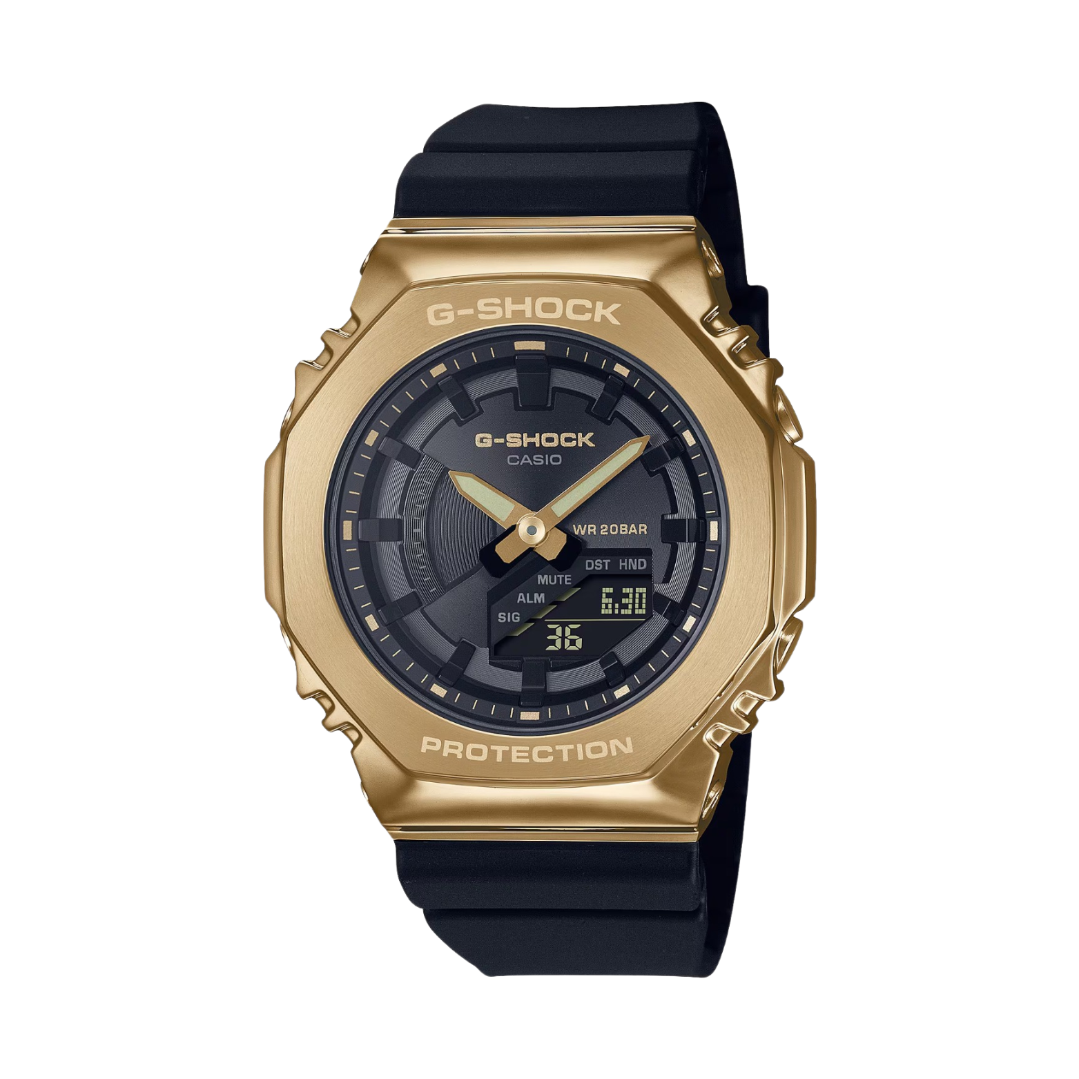 A Casio G-Shock watch with a black band and gold ion plated bezel, displaying a digital and analog time.