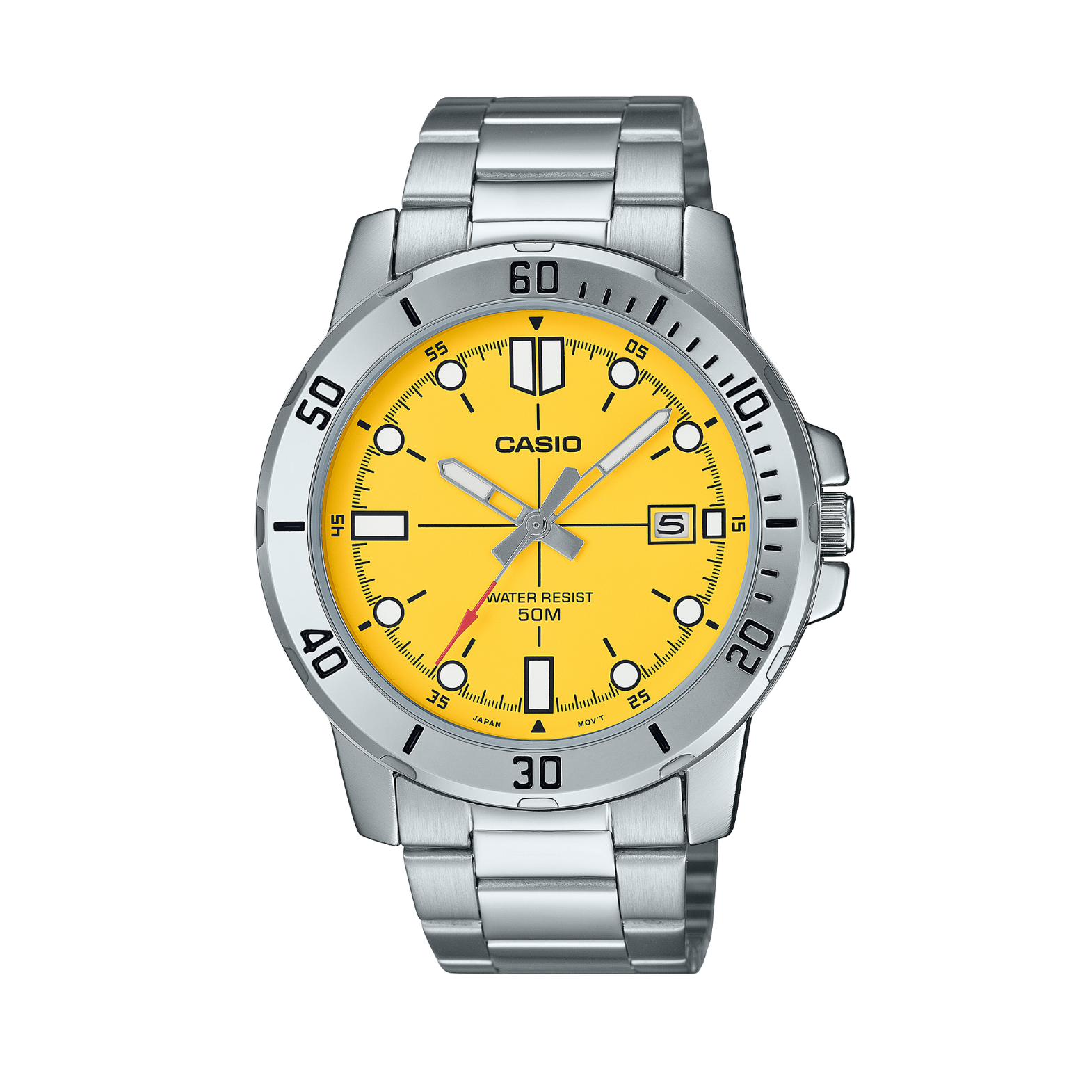 Casio watch with a yellow face and silver bracelet on a white background