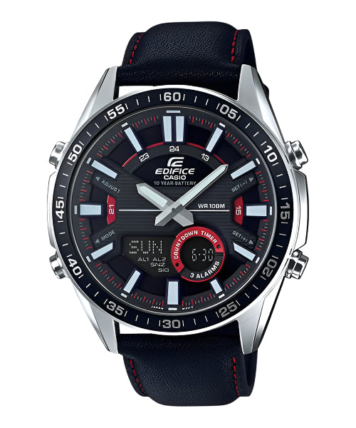 A Casio Edifice EFV-C100L-1AVDF watch with a black band, black dial, and red accents.