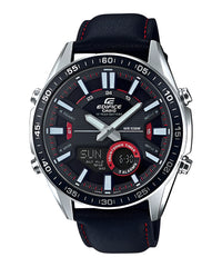 A Casio Edifice EFV-C100L-1AVDF watch with a black band, black dial, and red accents.