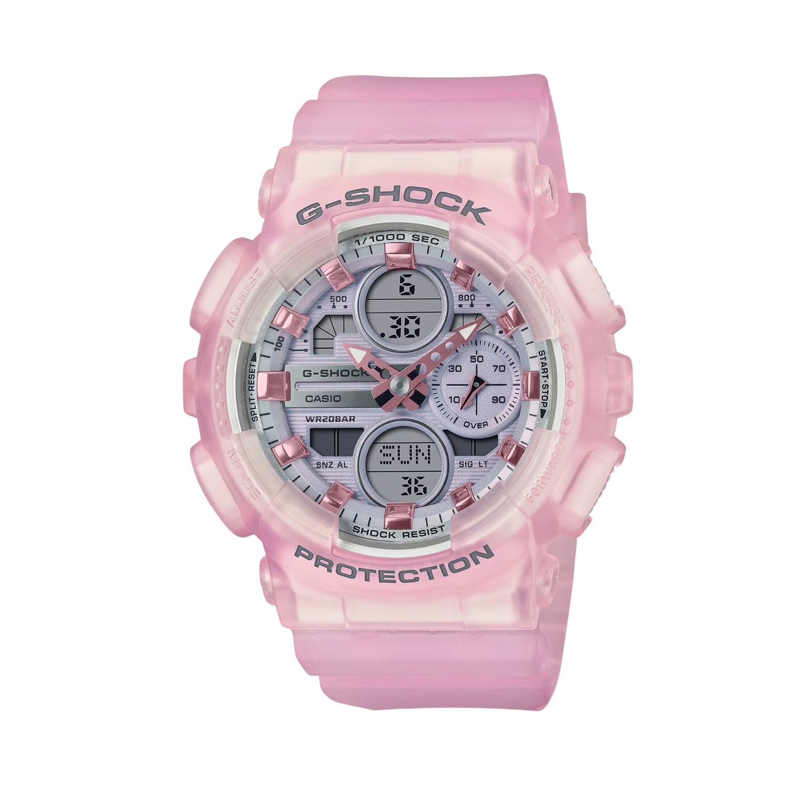 A pink CASIO G-SHOCK analog-digital watch with a resin band and a digital display showing time, date, and various watch features.