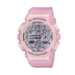 A pink CASIO G-SHOCK analog-digital watch with a resin band and a digital display showing time, date, and various watch features.