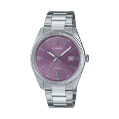 Casio watch with silver strap and purple dial on a white background