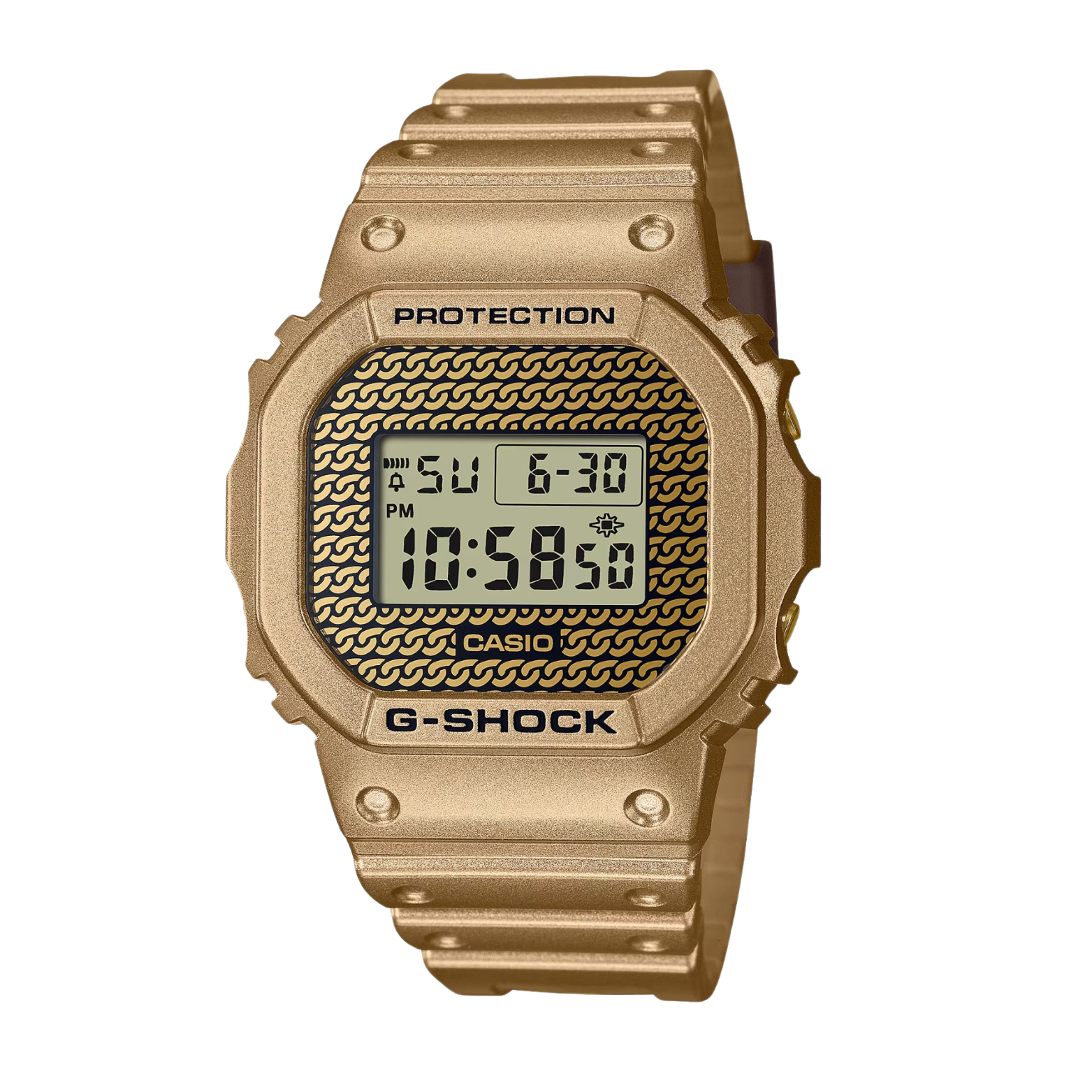 A digital Casio G-Shock watch with a gold resin band and case, displaying a patterned dial and typical G-Shock features.