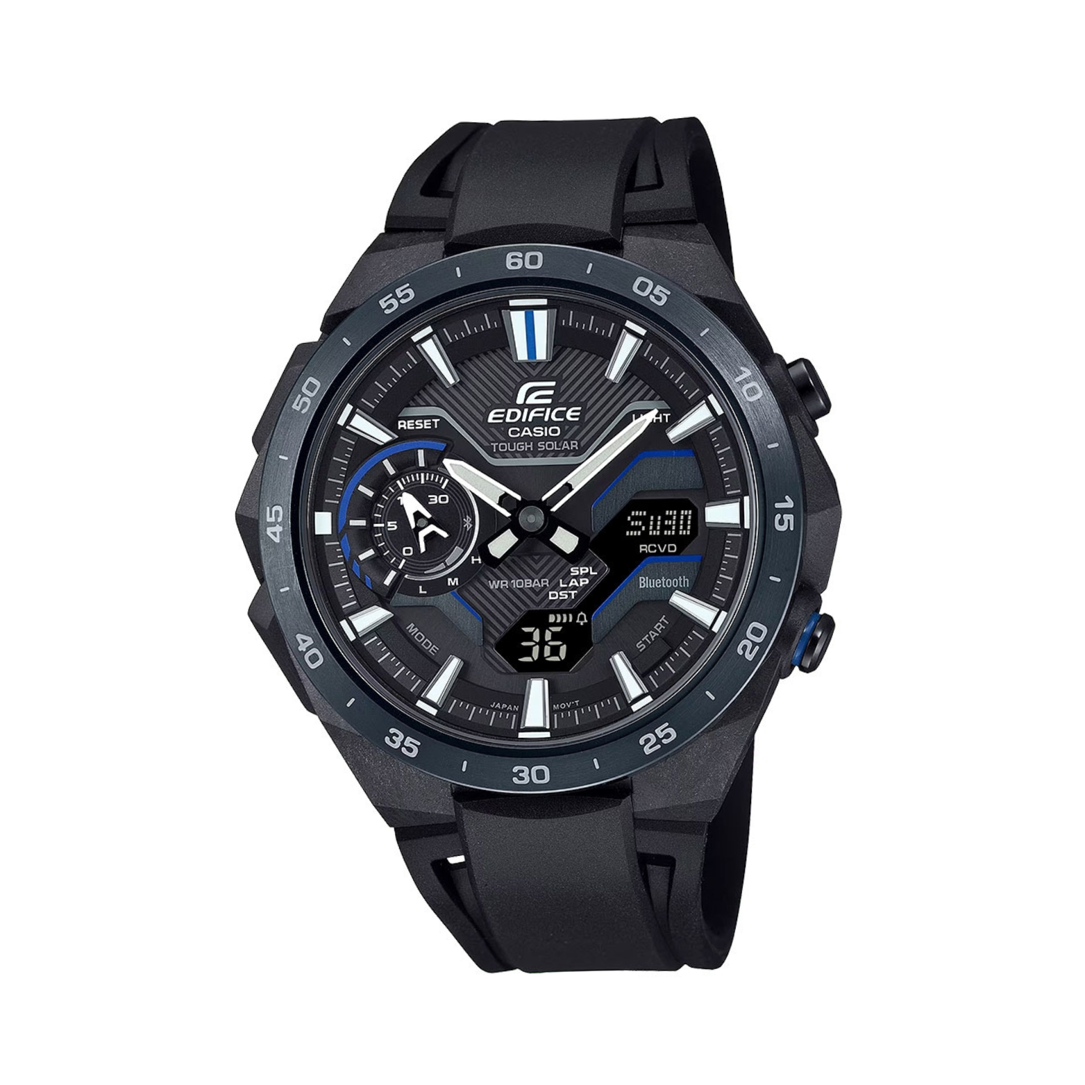 A Casio Edifice watch with a black band, black case, and black dial, featuring analog and digital display, along with a dark blue ion plated bezel.