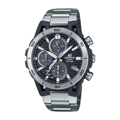 Silver and black Edifice watch on a white background