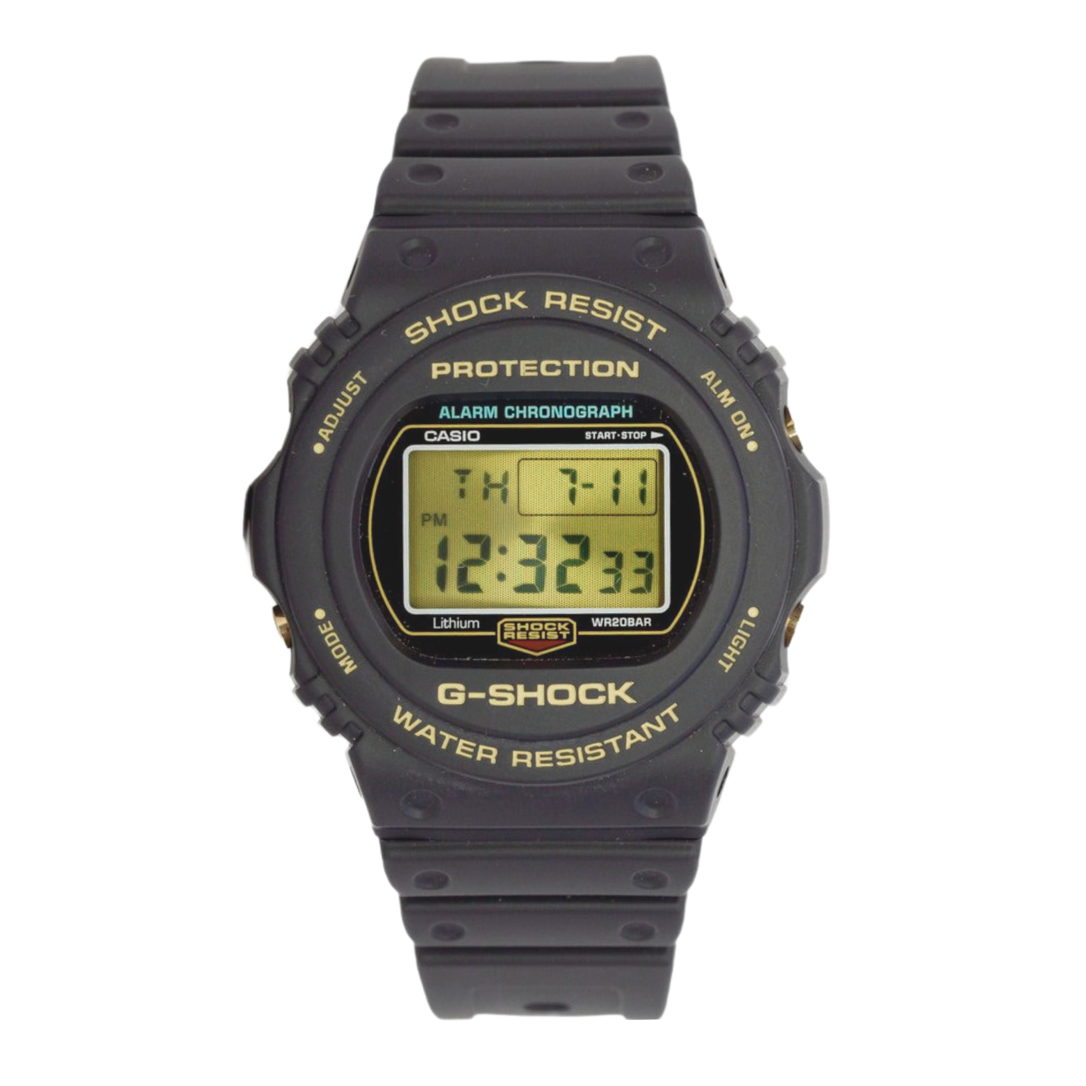 A black CASIO G-SHOCK DW-5735D-1BDR watch with a digital display, showing features such as shock resistance and water resistance.