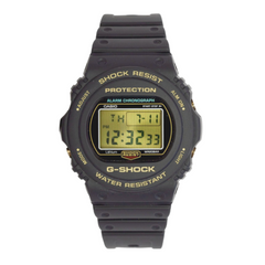 A black CASIO G-SHOCK DW-5735D-1BDR watch with a digital display, showing features such as shock resistance and water resistance.