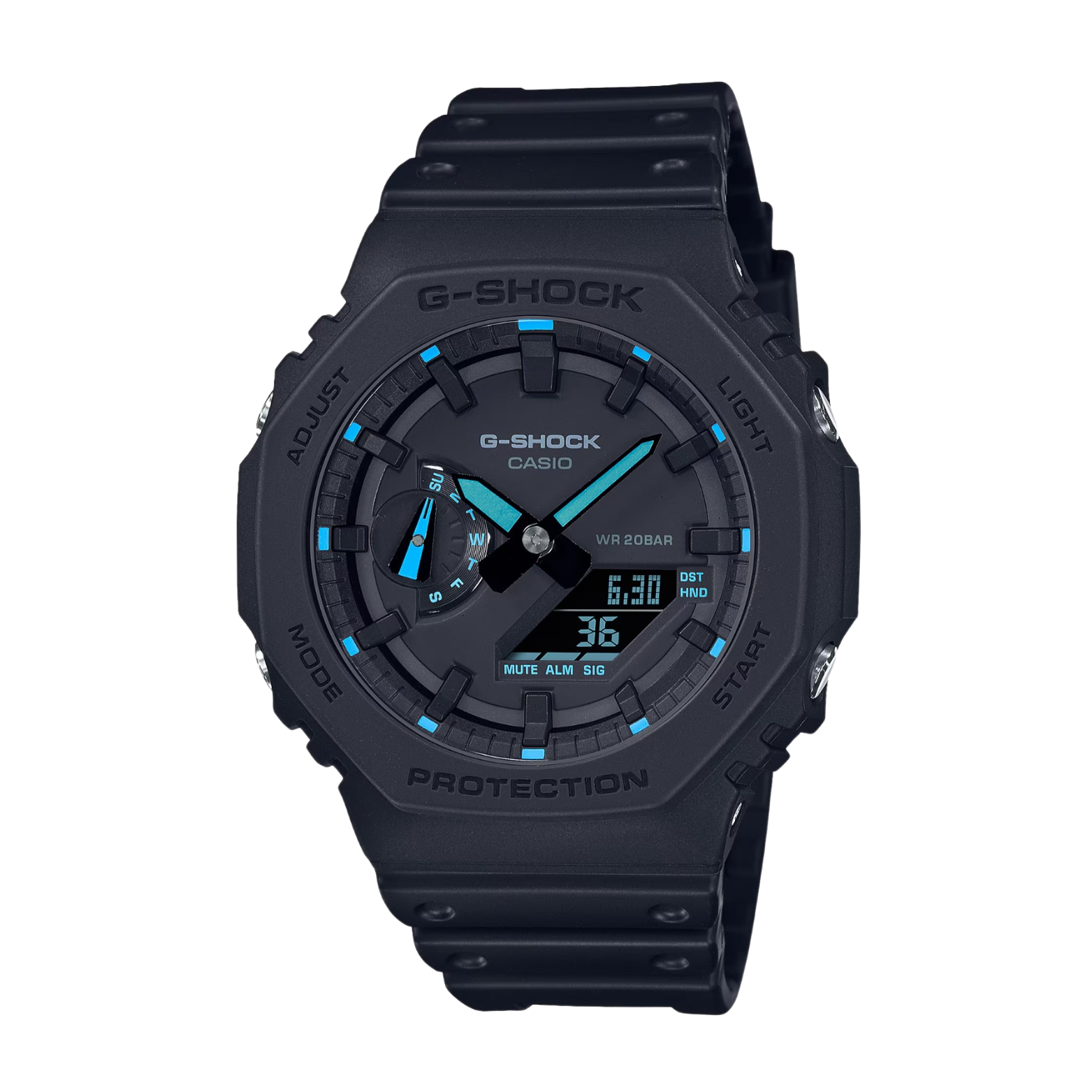 A black CASIO G-SHOCK GA-2100-1A2 watch with blue accents on the dial and LED light.