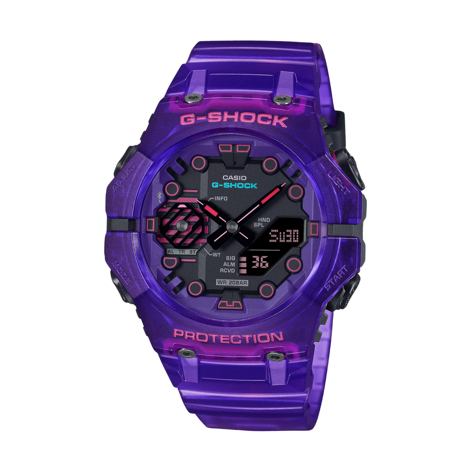 A purple CASIO G-SHOCK watch with a digital display, resin band, and carbon bezel.