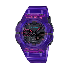 A purple CASIO G-SHOCK watch with a digital display, resin band, and carbon bezel.