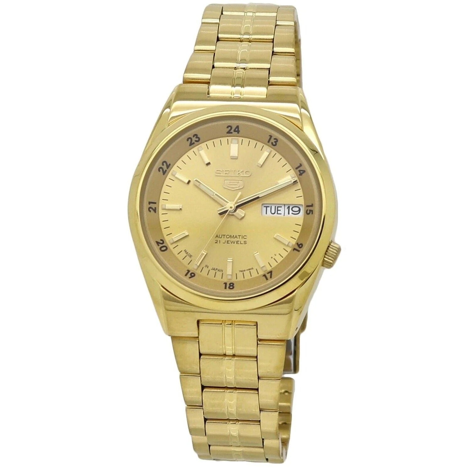 A gold-colored Seiko watch with a stainless steel band and a gold dial, showcasing a analog wristwatch.