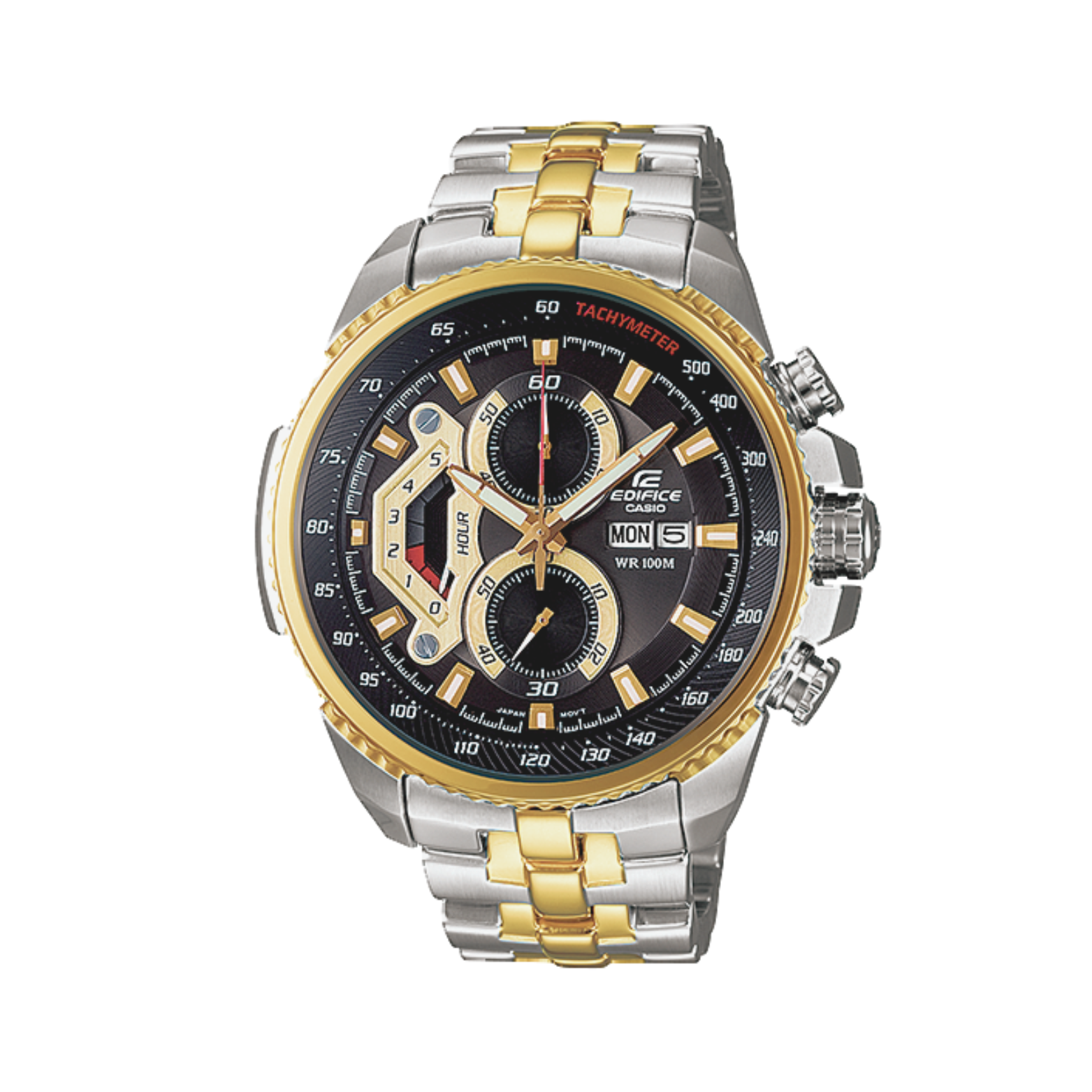 A Casio Edifice analog watch with a black dial, gold casing, and a stainless steel band.